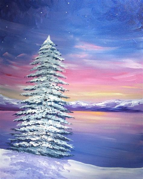 lake painting ideas|easy winter paintings for beginners.